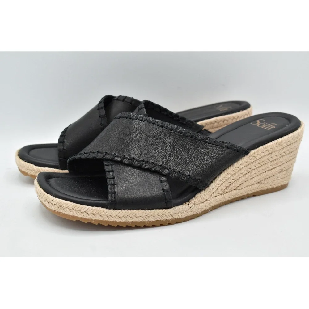 Sofft Women 11 Indie Black Leather Crisscross Espadrille Wedge Sandals Shoes